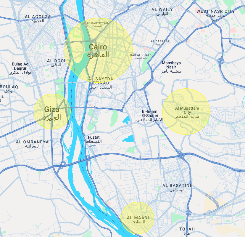 Map showing Street Level billboard truck coverage areas across Cairo and Egypt